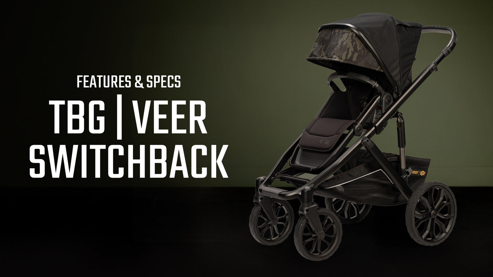Black and camo-patterned stroller with durable wheels against a dark green background, labeled "TBG | VEER SWITCHBACK."