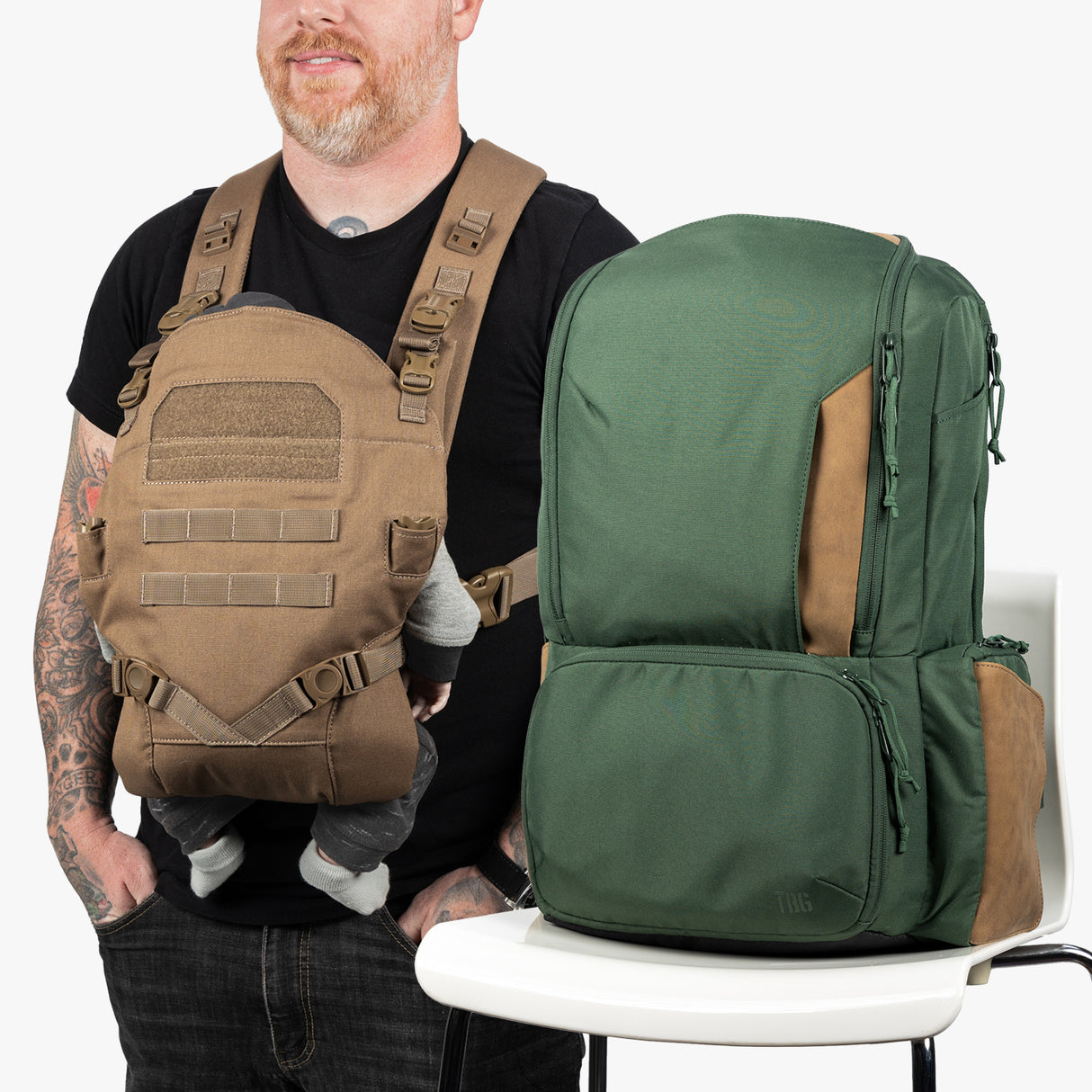 A green and brown expedition diaper bag and baby carrier bundle displayed against a white background.