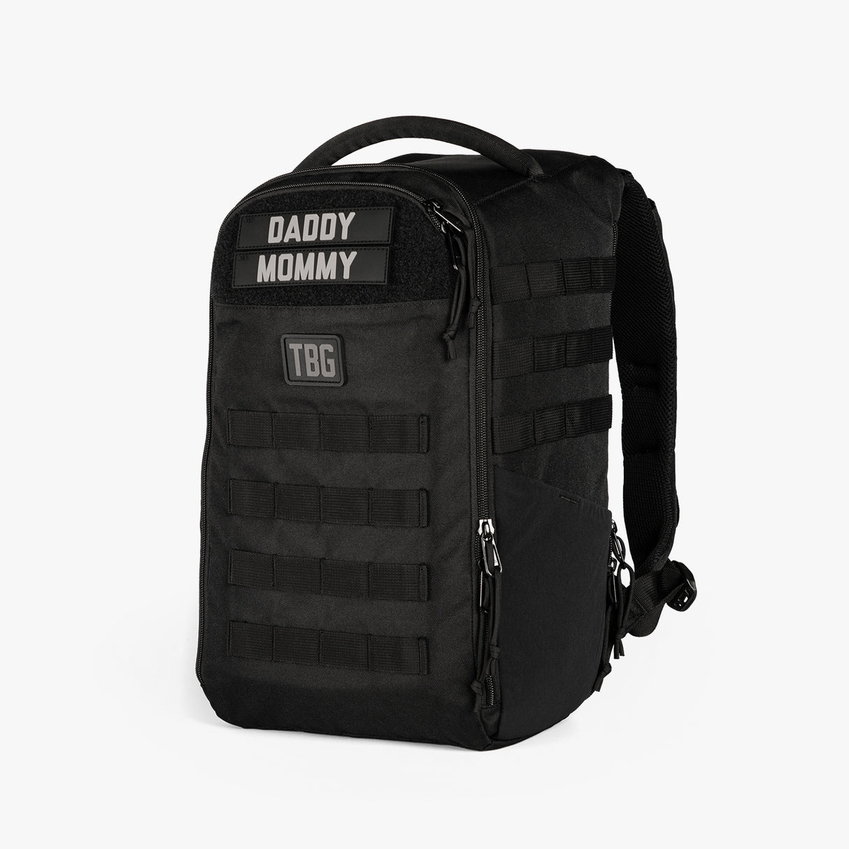 Compact black daypack with customizable name patches and MOLLE webbing for versatile storage and organization.