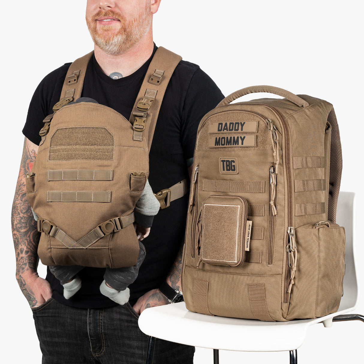 Tactical baby gear daypack diaper bag and baby carrier bundle in tan, with labeled patches and multiple storage compartments.
