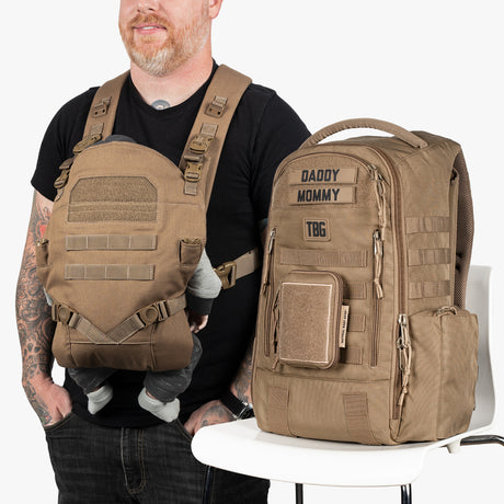 Tactical baby gear daypack diaper bag and baby carrier bundle in tan, with labeled patches and multiple storage compartments.