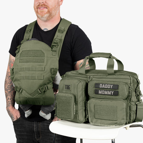Olive green tactical diaper bag and baby carrier bundle with adjustable straps, multiple compartments, and personalized patches.