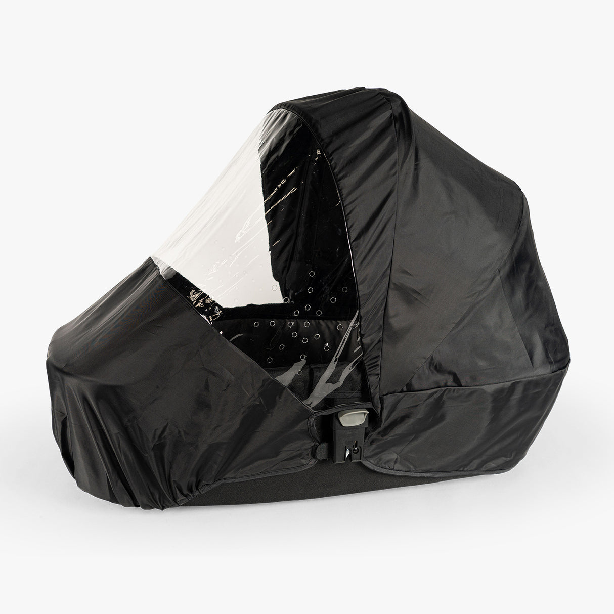 Waterproof rain cover for the S-1 bassinet, featuring a clear front panel and secure fit for protection against the elements.