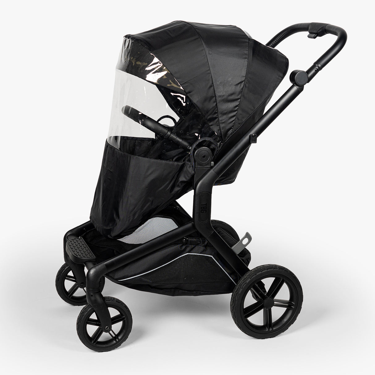 Black S-1 Rain Cover for strollers, featuring a clear front panel and a sleek design for weather protection.