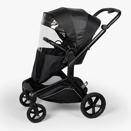 Black S-1 Rain Cover for strollers, featuring a clear front panel and a sleek design for weather protection.