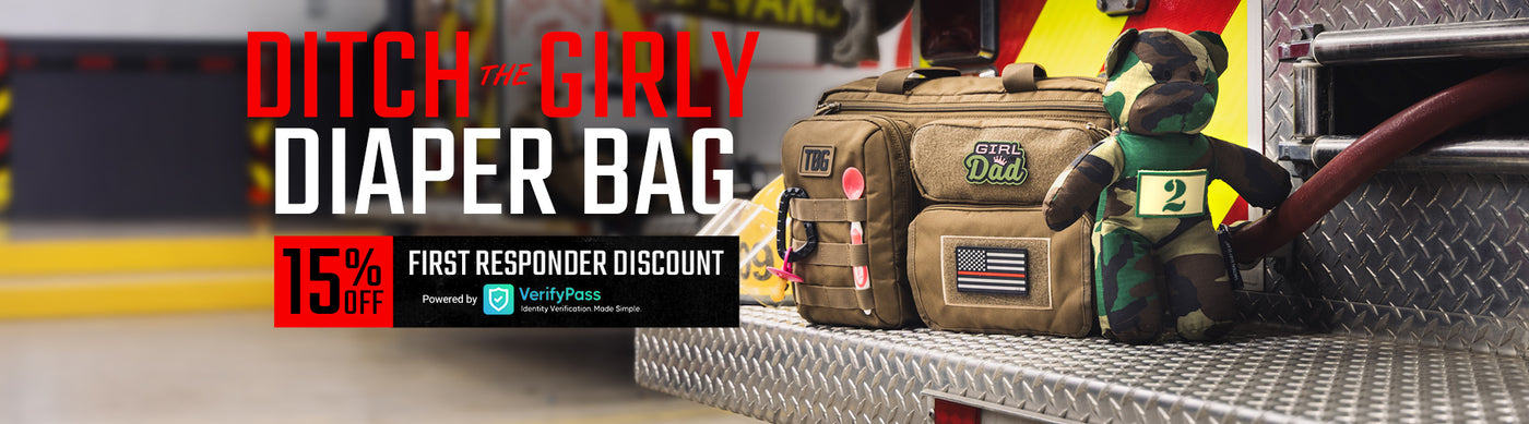 Tactical Diaper bag and teddy bear on a firetruck with text showing First Responder Discount