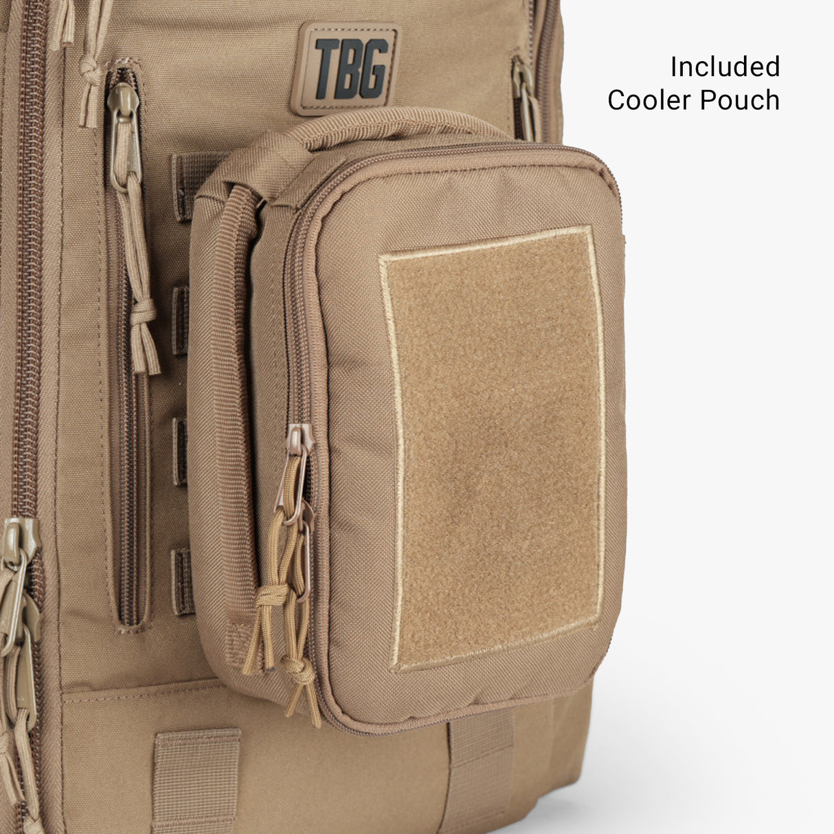 Rugged tan cooler pouch attached to a tactical backpack, designed for modern dads on the go.