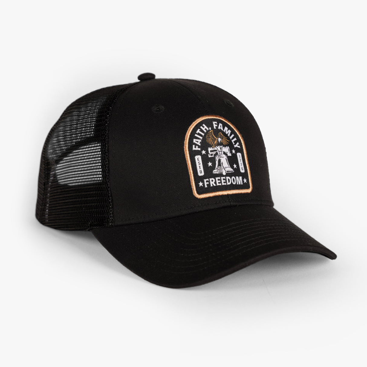 Black low profile hat featuring a patch with "Faith, Family, Freedom" and a graphic of a liberty bell.
