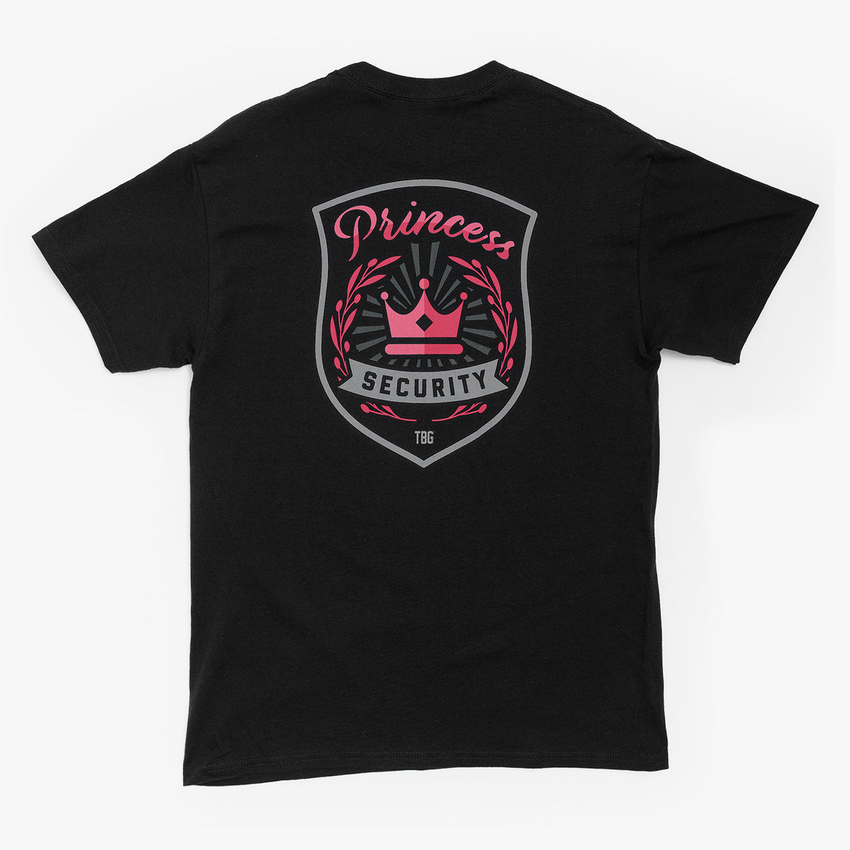 Black t-shirt featuring a pink "Princess Security" graphic with a crown and shield design on the back.