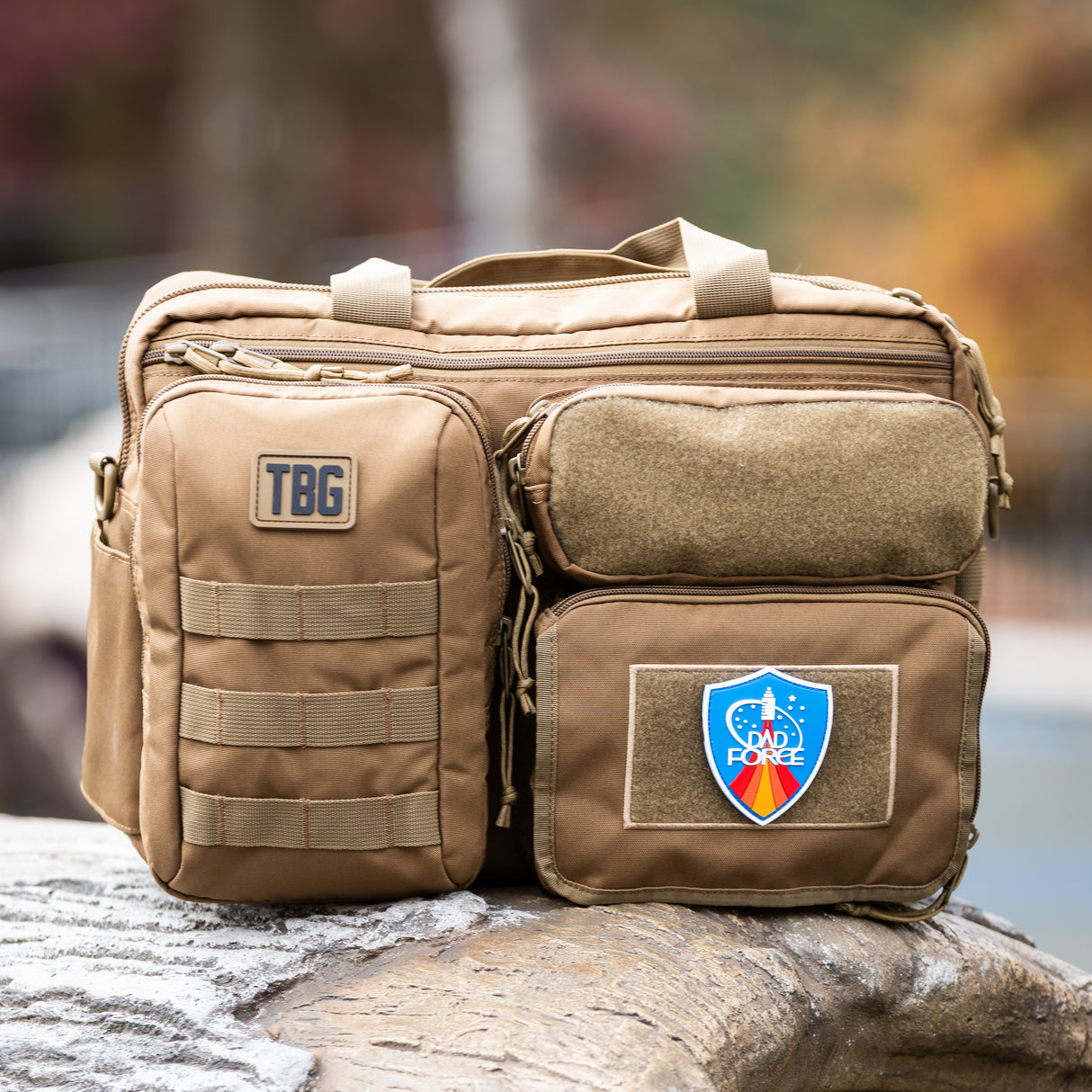 Rugged tactical diaper bag featuring the Dad Force patch, designed for modern dads with military-inspired style.