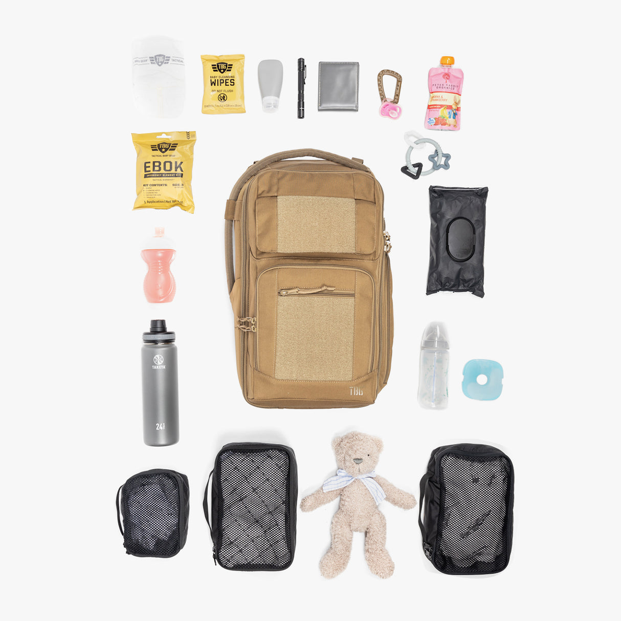 Everyday Backpack + Baby Carrier Bundle Everyday Diaper bag Flat lay Coyote Brown