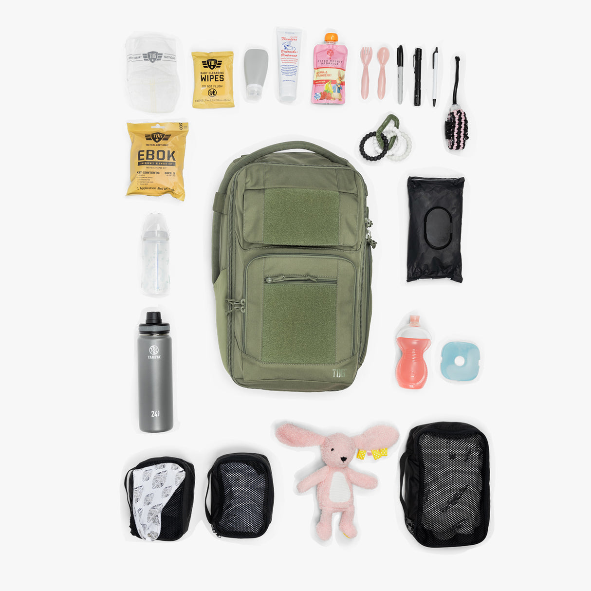 Everyday Backpack + Baby Carrier Bundle Everyday Diaper bag Flat lay Ranger Green