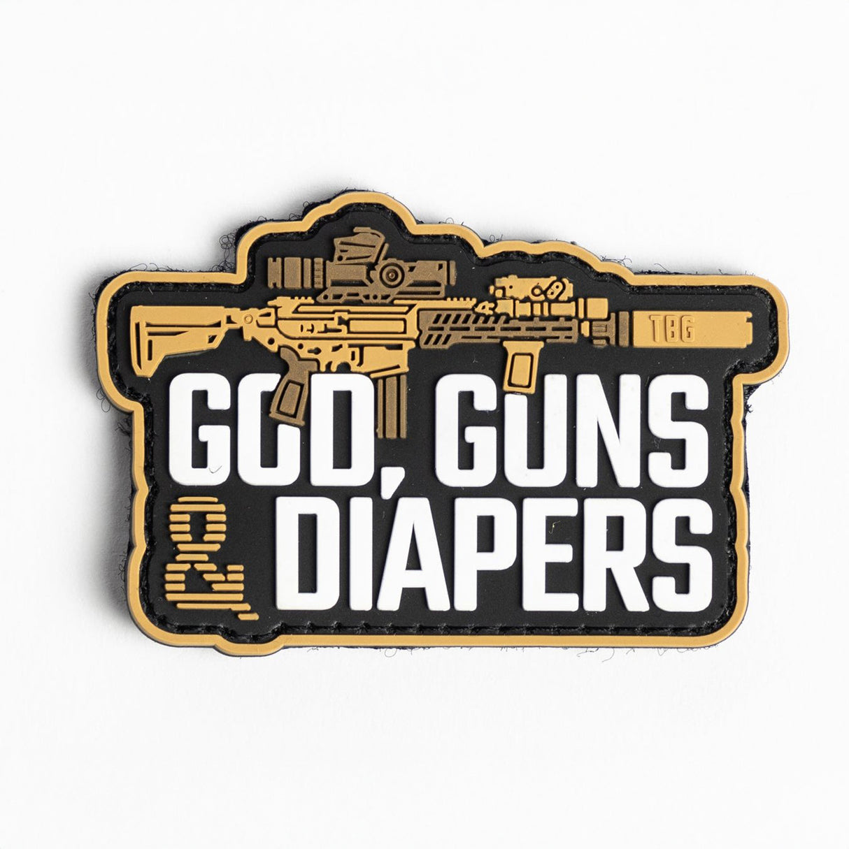 God, Guns & Diapers Patch featuring a rifle graphic with bold text, perfect for rugged parenting gear enthusiasts.