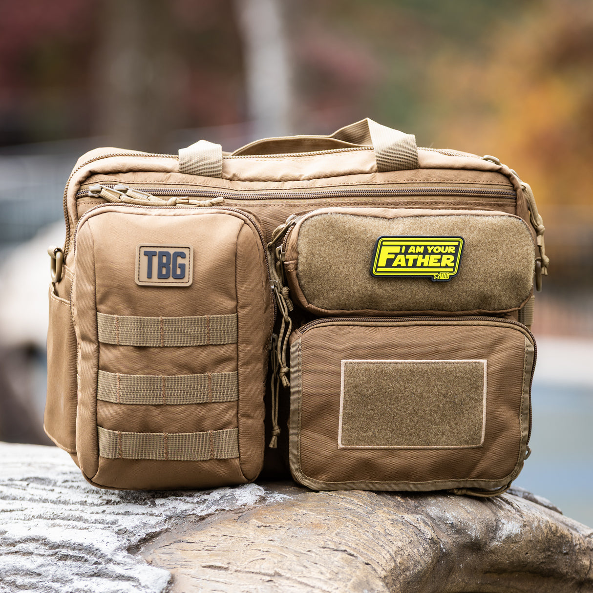 Tactical Baby Gear bag featuring a "I Am Your Father" patch, designed for rugged parenting and outdoor adventures.