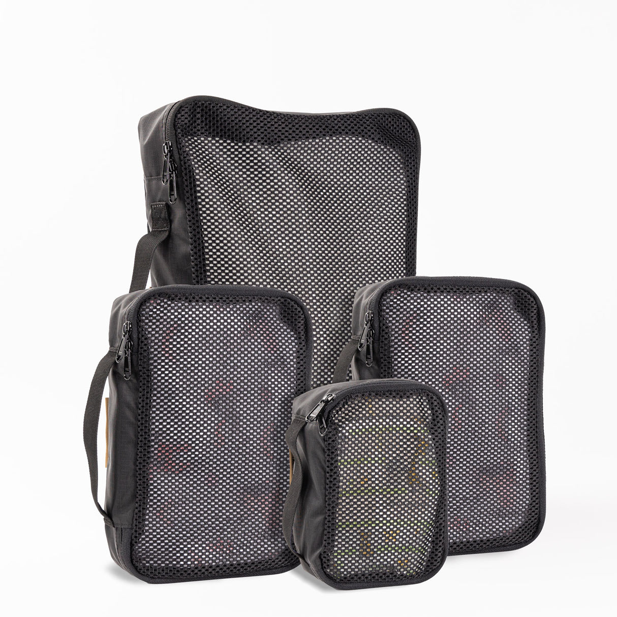 Tactical Packing Cubes Bundle featuring three durable, mesh-front storage bags in black for organized travel.