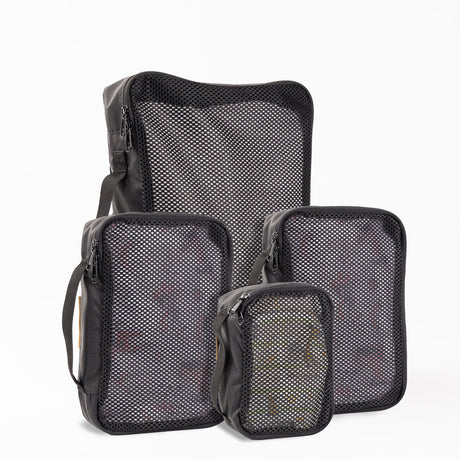 Tactical Packing Cubes Bundle featuring three durable, mesh-front storage bags in black for organized travel.