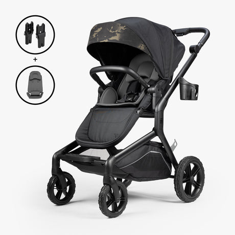 Black stroller with adjustable handlebar, sun canopy, and storage basket, shown with a car seat and accessories for newborn bundle.