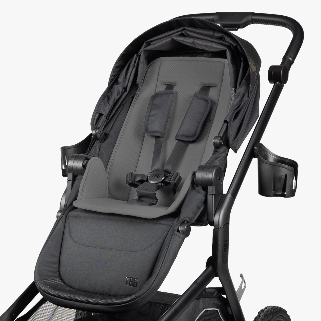 Black and gray stroller with a five-point harness, adjustable seat, and cup holder, designed for newborns and toddlers.