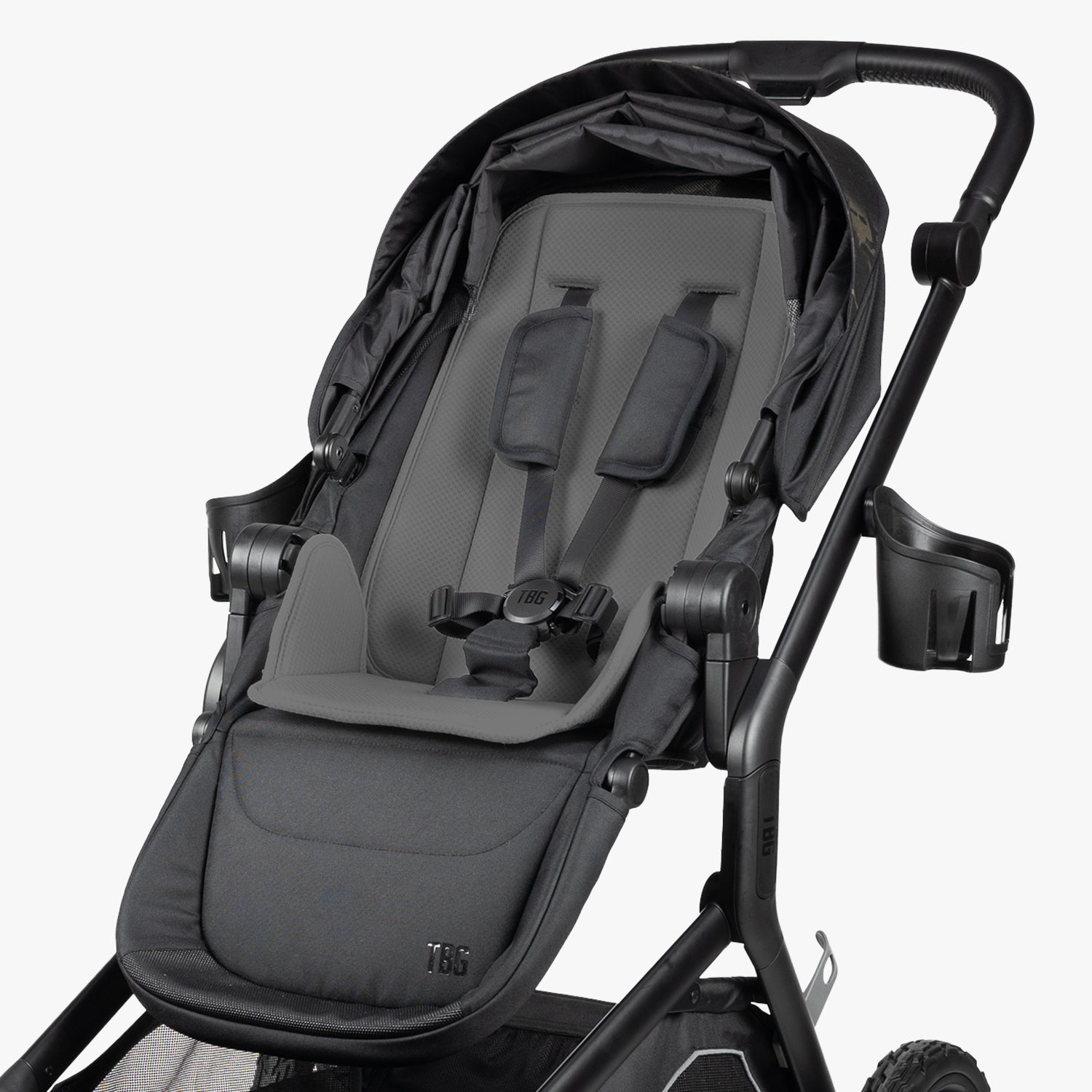 Black and gray stroller with a five-point harness, adjustable seat, and cup holder, designed for newborns and toddlers. Black and gray stroller with a five-point harness, adjustable seat, and cup holder, designed for newborns and toddlers.