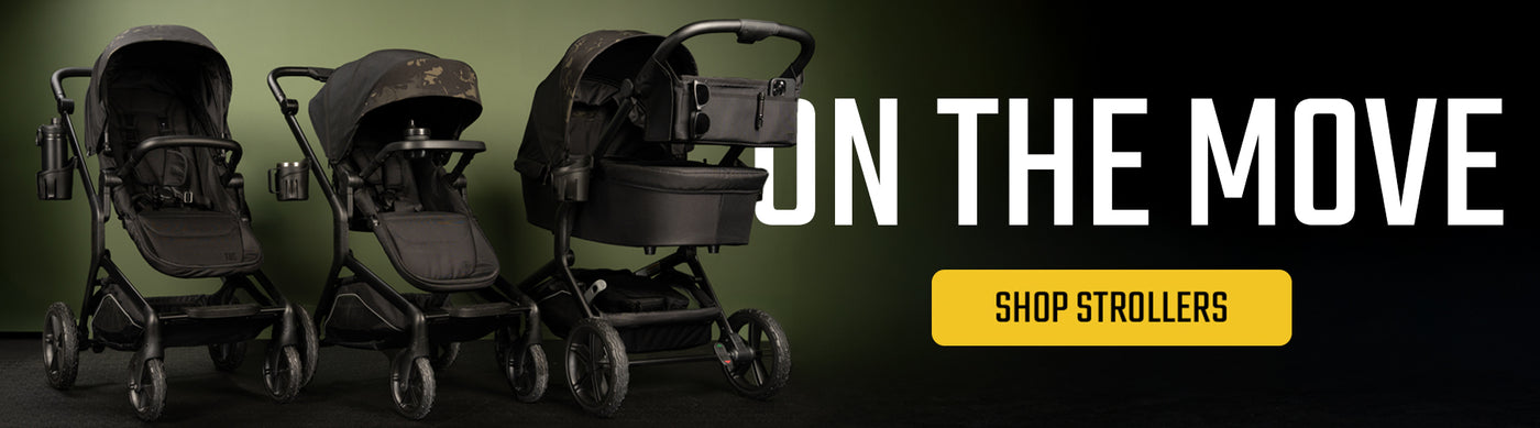 Three rugged, black strollers against a green background with text "ON THE MOVE" and a "SHOP STROLLERS" button.