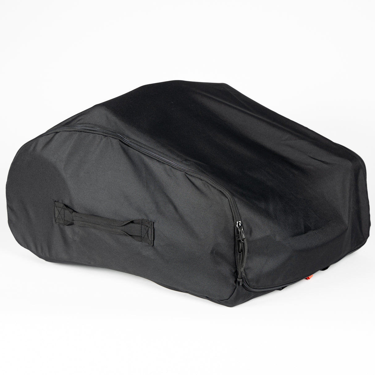 Durable black stroller travel bag with adjustable shoulder strap and brand logo, positioned on a white background.