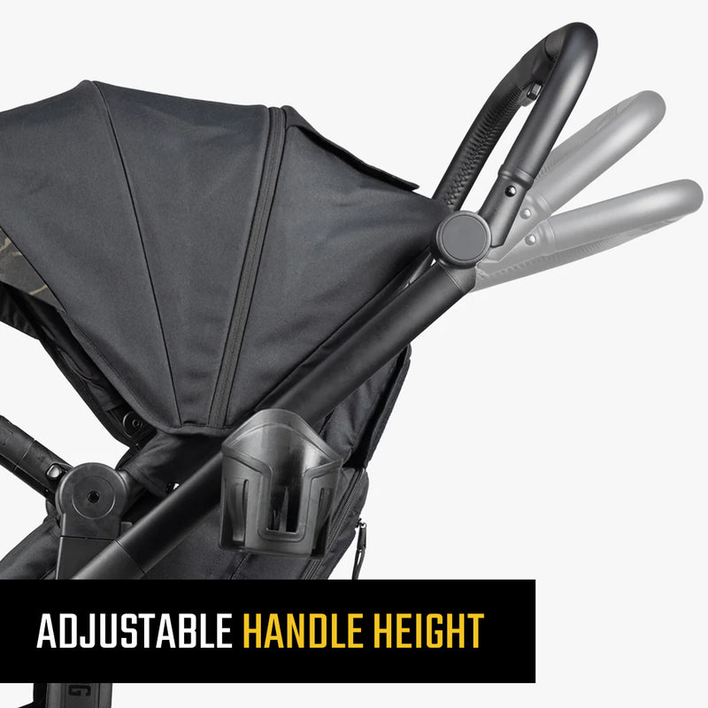 Black tactical baby stroller with adjustable handle height and robust design.