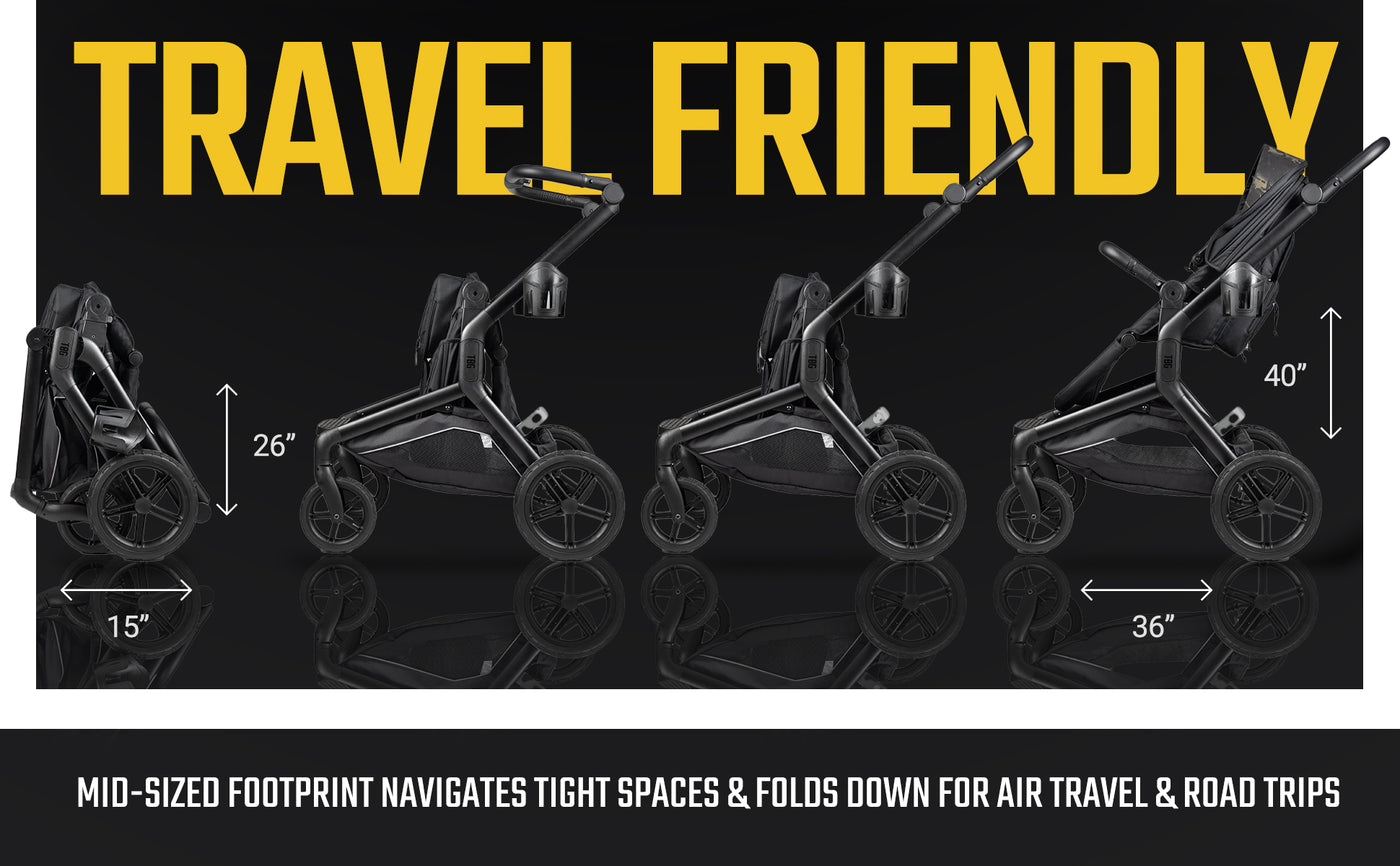 Black tactical baby stroller with multiple configurations, showing dimensions and folded state.
