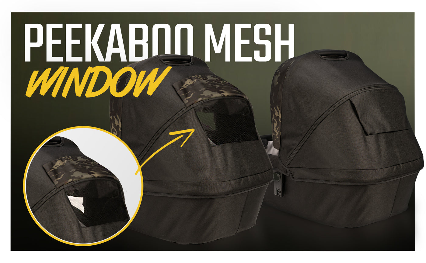 Two camouflage baby carriers with a peekaboo mesh window feature highlighted.