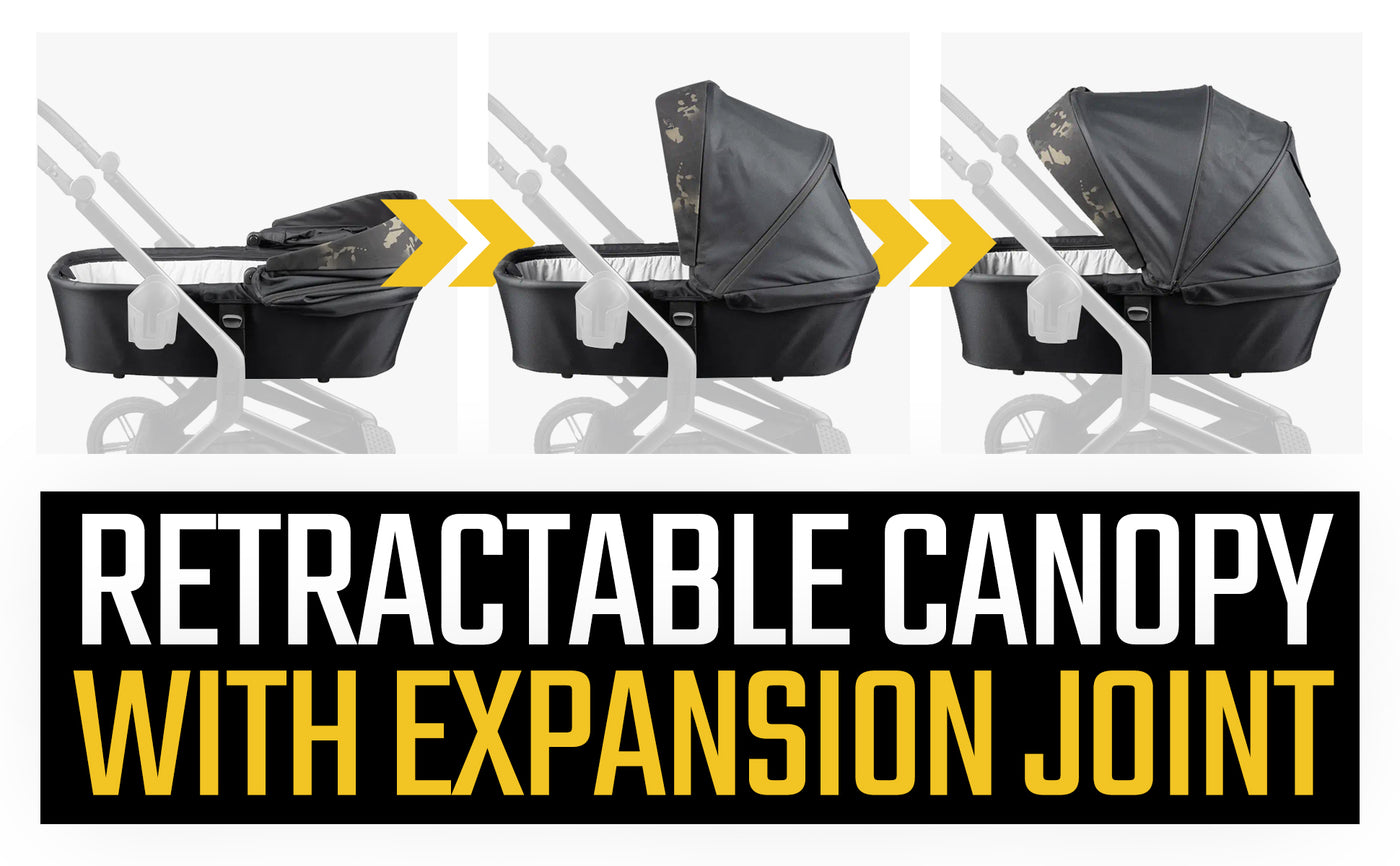 Black military-style baby stroller with retractable canopy and expansion joint.