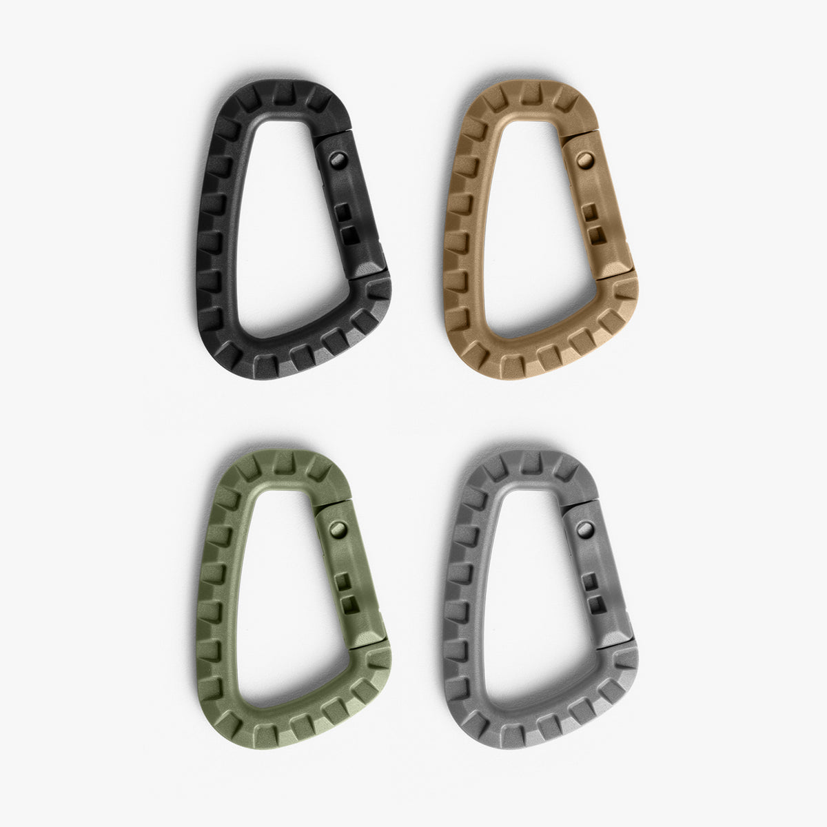 Set of four rugged carabiners in black, tan, olive green, and gray, designed for versatile outdoor use.