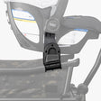 Alt text: "Close-up view of a Britax car seat adapter attached to a stroller frame, showcasing compatibility with a Cruiser XL stroller. The adapter is black, featuring a secure locking mechanism, with a Britax car seat mounted above it