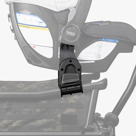 Alt text: "Close-up view of a Britax car seat adapter attached to a stroller frame, showcasing compatibility with a Cruiser XL stroller. The adapter is black, featuring a secure locking mechanism, with a Britax car seat mounted above it