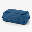 Blue duffle bag with multiple compartments displayed on a plain background.