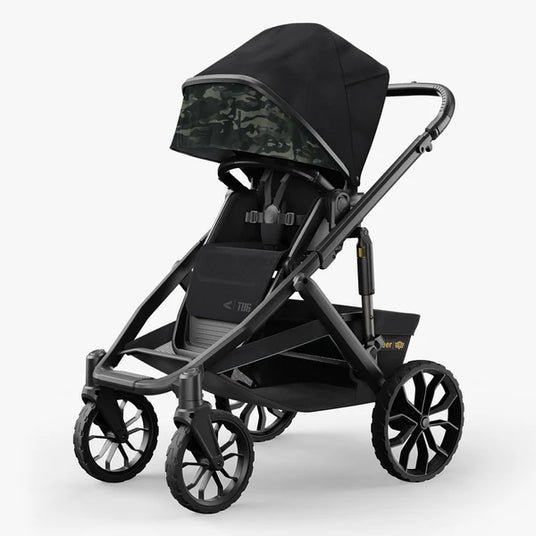 Camo print baby stroller with large wheels and a durable frame, designed for outdoor use.
