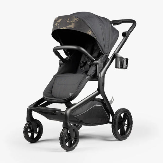 Black tactical baby stroller with camouflage canopy and large wheels.