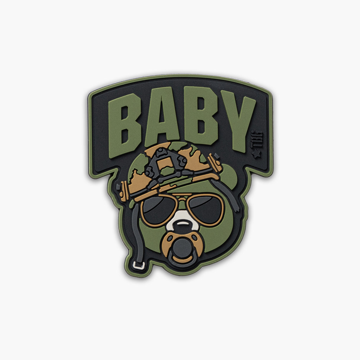 Green Baby Bear face with pacifier, tactical helmet, and sunglasses. Word BABY above face.