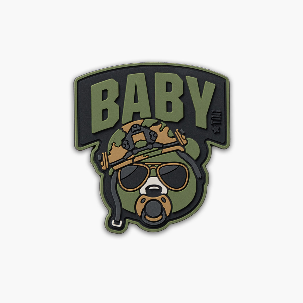 Green Baby Bear face with pacifier, tactical helmet, and sunglasses. Word BABY above face. 