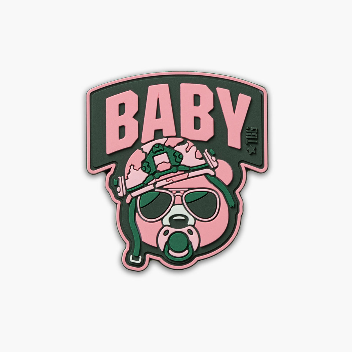Pink Baby Bear face with pacifier, tactical helmet, and sunglasses. Word BABY above face.