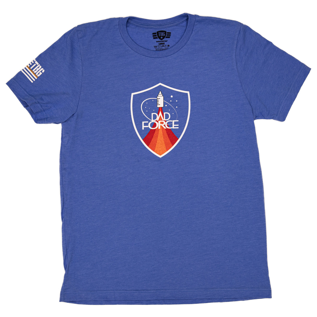 Blue t-shirt with dad force shield featuring baby bottle rocket and stylized flames.
