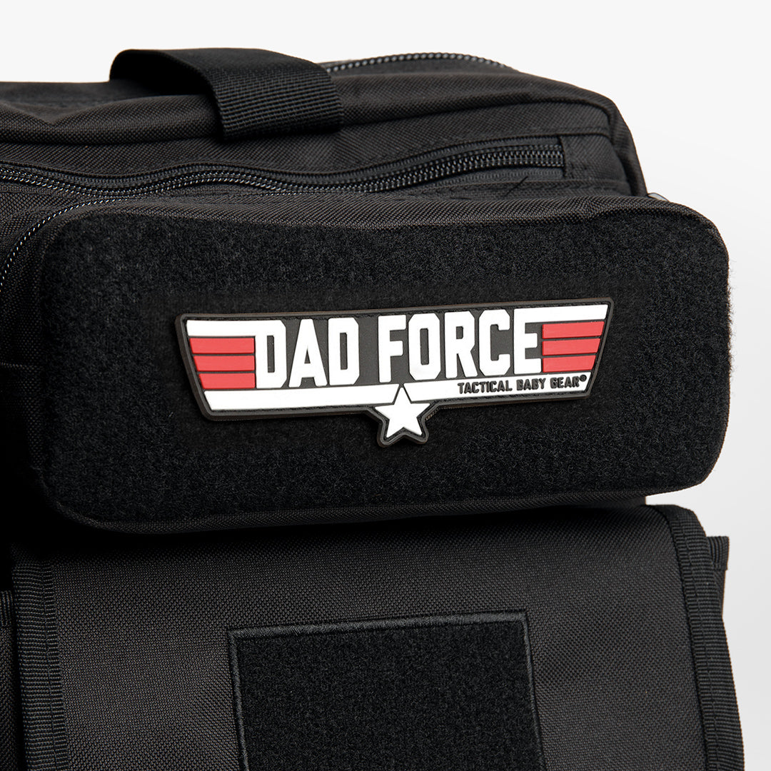 Dad Force patch on black backpack.