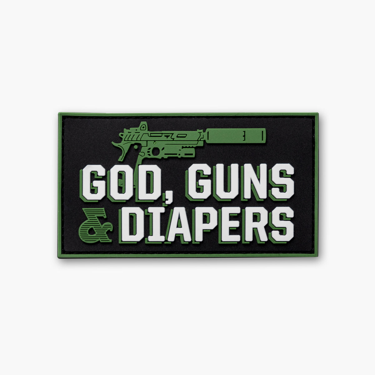 Patch with green 1911 on black background with white block text reading God, Guns &amp; Diapers.