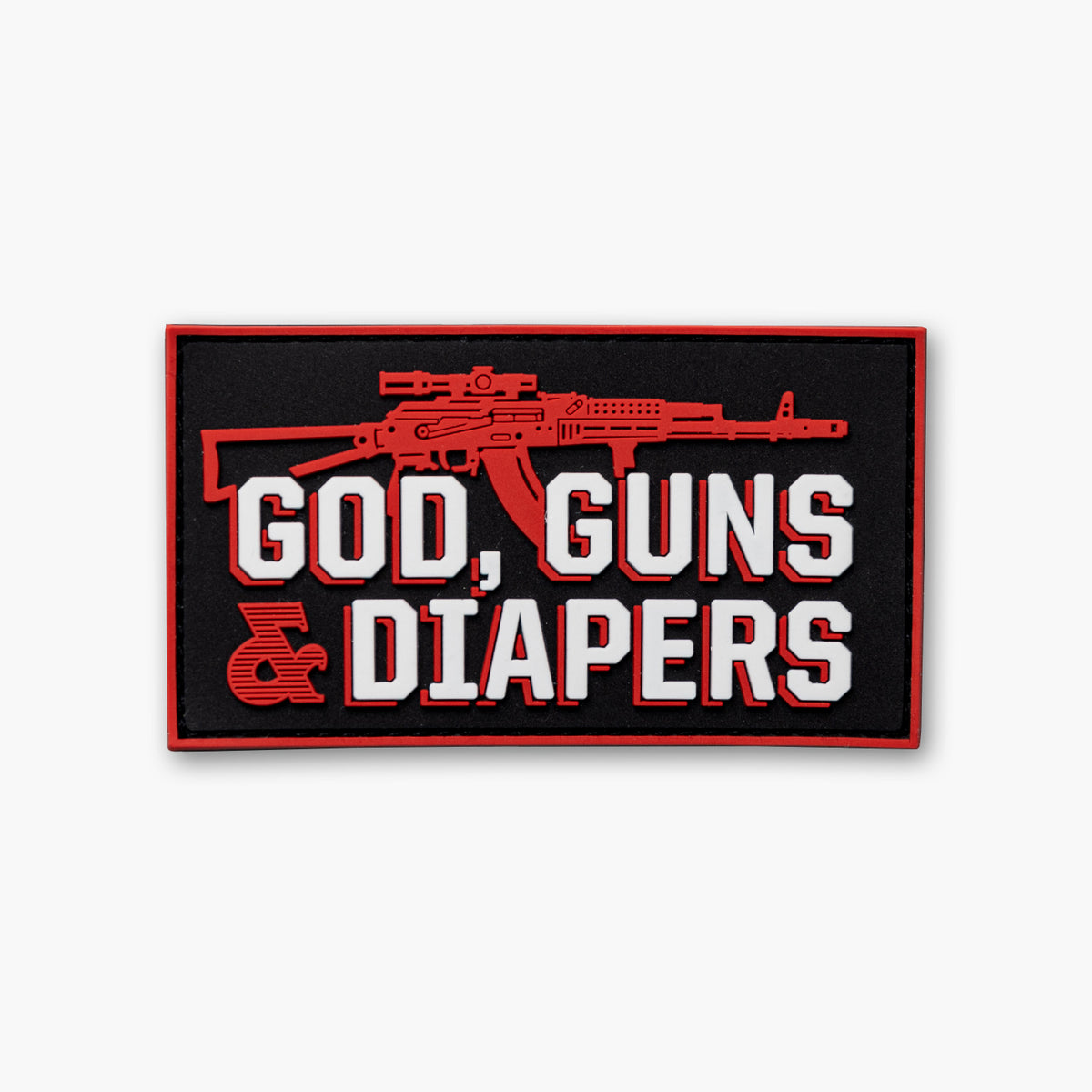 Patch with red AK rifle against black background with white block text reading God, Guns &amp; Diapers.
