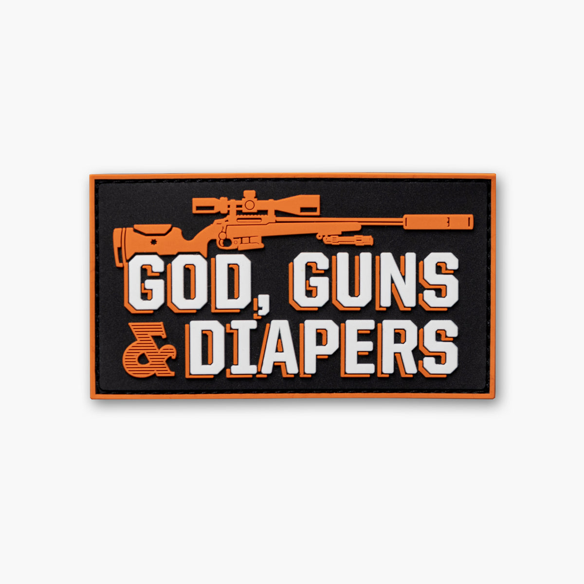 Orange bolt rifle with scope against black background with white text reading God, Guns &amp; Diapers.