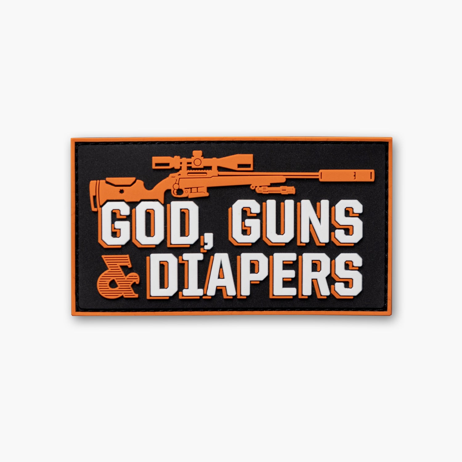 Orange bolt rifle with scope against black background with white text reading God, Guns & Diapers.