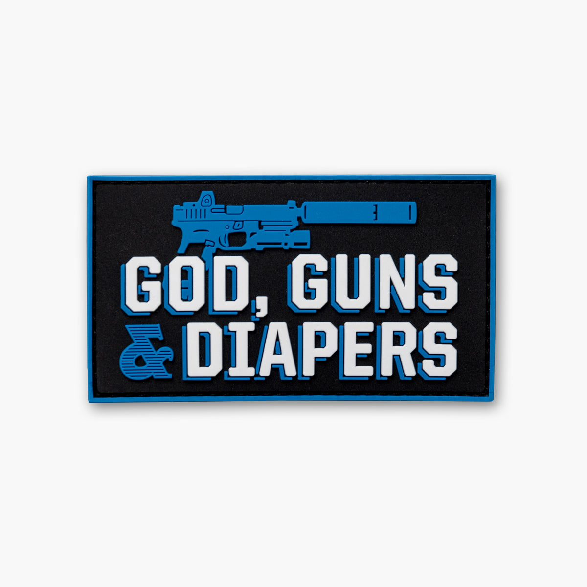Blue G19 against black background with white text reading God, Guns &amp; Diapers