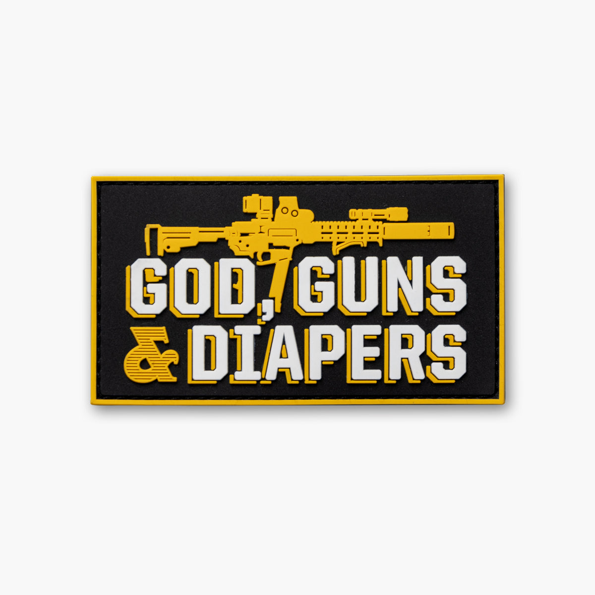 Patch with gold AR9 on black background with white block text reading God, Guns &amp; Diapers.