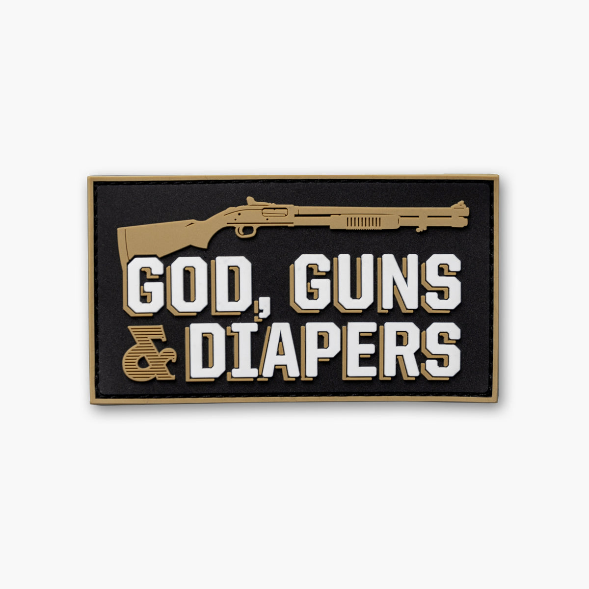 Brown shotgun against black background with white words reading God, Guns &amp; Diapers.