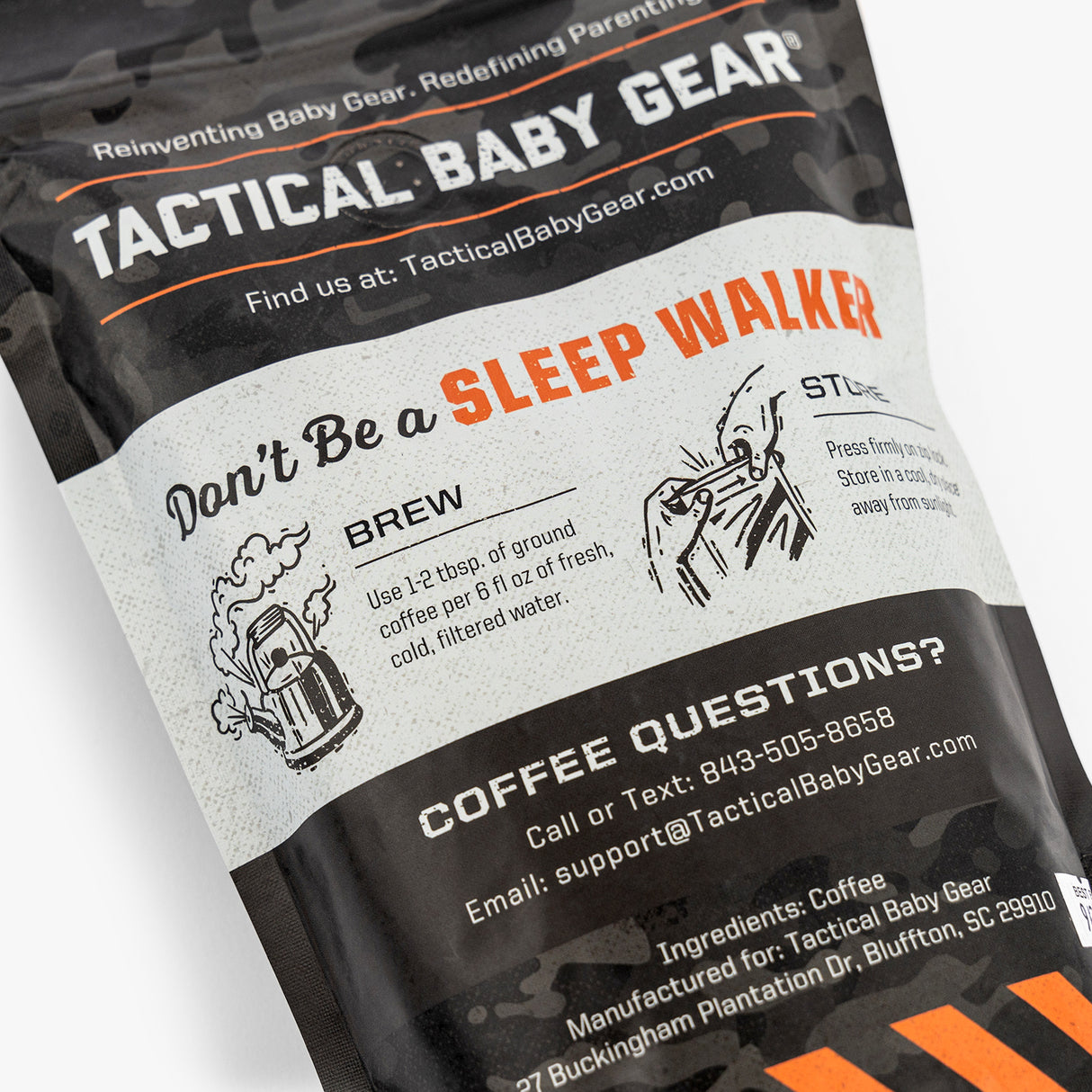 Rugged, military-inspired parenting gear label with instructions for brewing coffee; black, white, and orange design eleme...