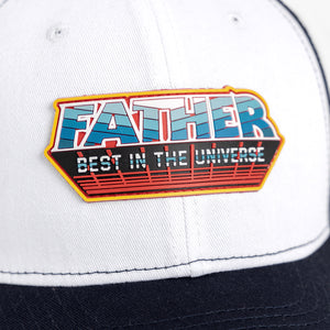 Close up of PVC patch reading "Father" on first line above "Best in the Universe"