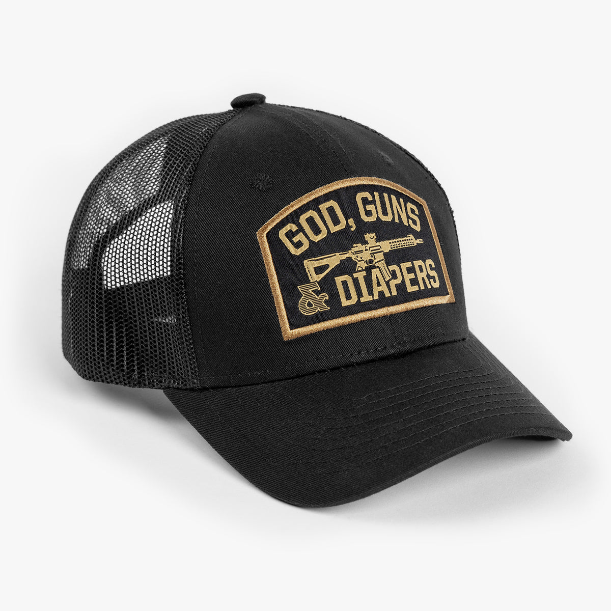 Hat showing rear black mesh and solid black front with gold embroidery reading God, Guns &amp; Diapers